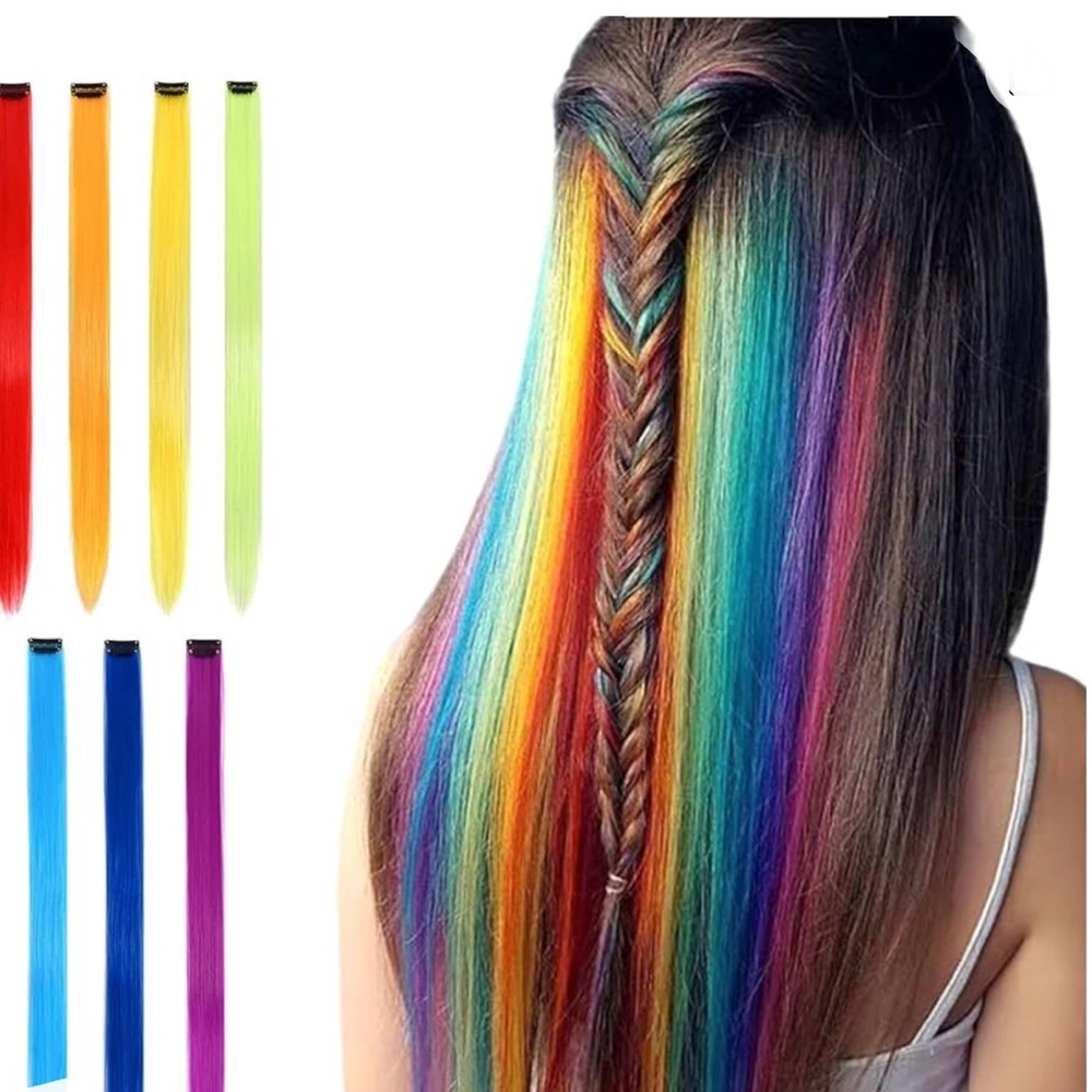 7 Pcs Rainbow Clip In Hair Extensions 20 Inches Multi-Colors Straight Synthetic